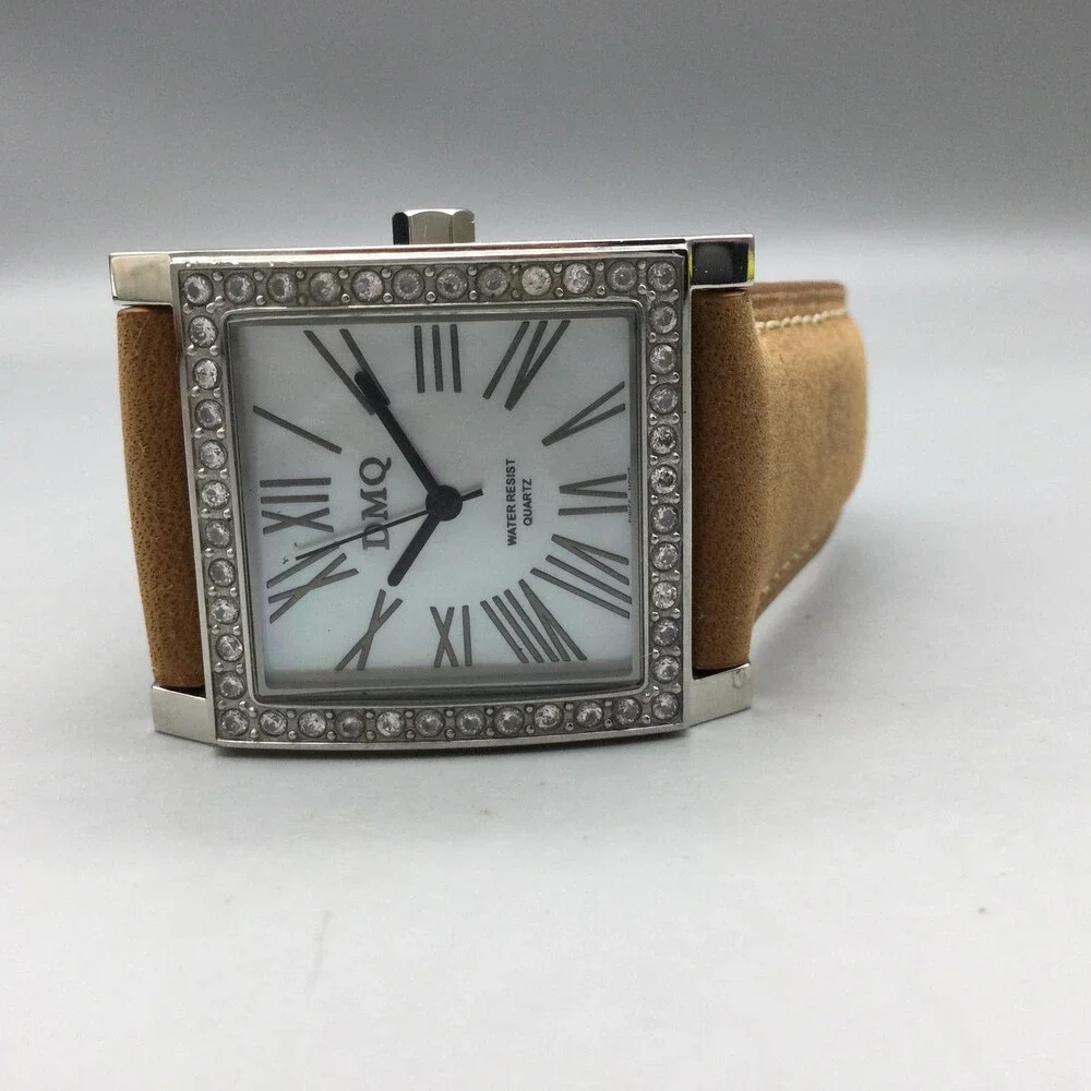 DMQ Square Watch Womens 28mm Silver Tone Crystals Tan Leather Strap New Battery